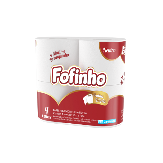 Papel Higiênico, Folha Dupla, Neutro, Branco, Pacote com 4 Rolos de 30 Metros